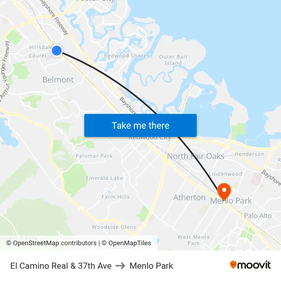 El Camino Real & 37th Ave to Menlo Park map