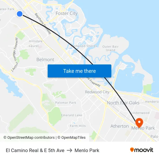 El Camino Real & E 5th Ave to Menlo Park map