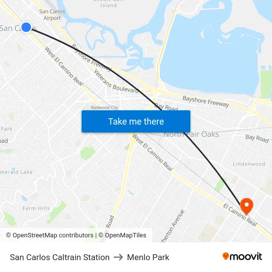 San Carlos Caltrain Station to Menlo Park map