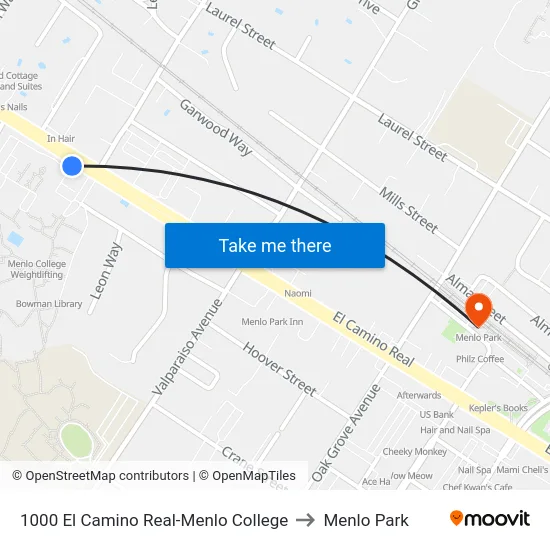 1000 El Camino Real-Menlo College to Menlo Park map