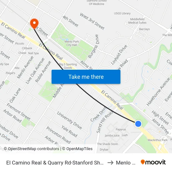 El Camino Real & Quarry Rd-Stanford Shopping Ctr to Menlo Park map