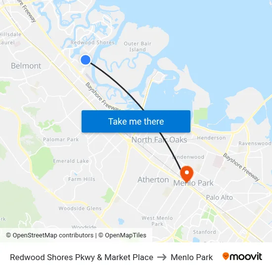 Redwood Shores Pkwy & Market Place to Menlo Park map