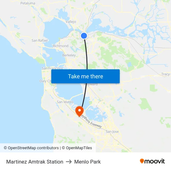 Martinez Amtrak Station to Menlo Park map