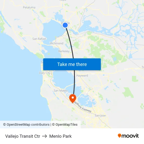 Vallejo Transit Ctr to Menlo Park map