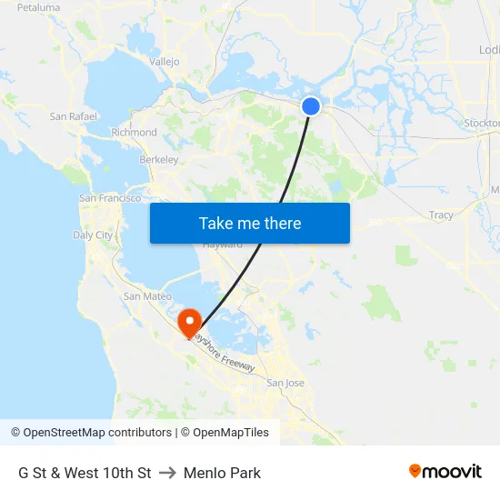 G St & West 10th St to Menlo Park map