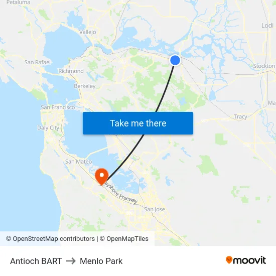 Antioch BART to Menlo Park map