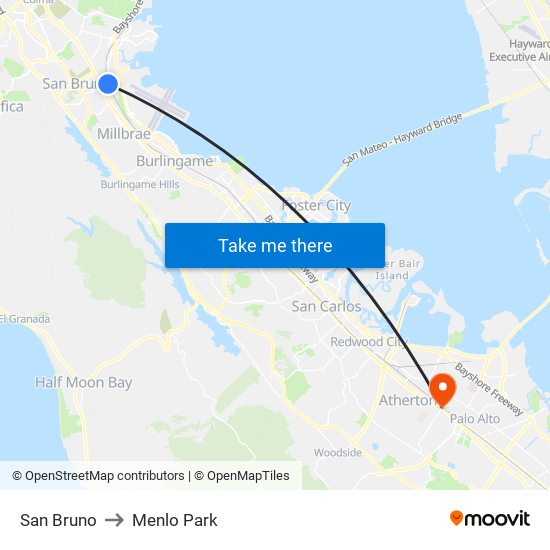 San Bruno to Menlo Park map