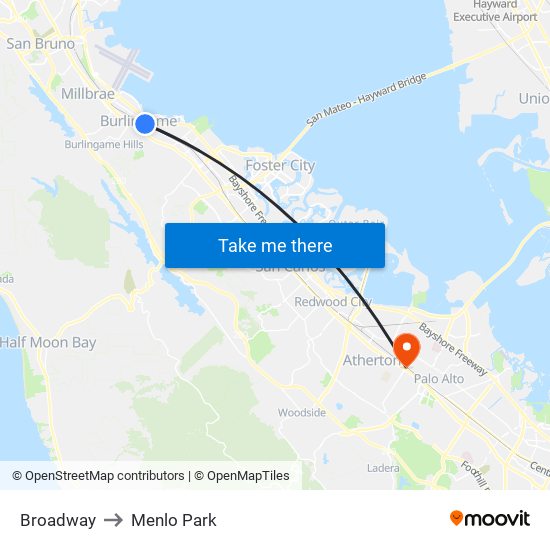 Broadway to Menlo Park map