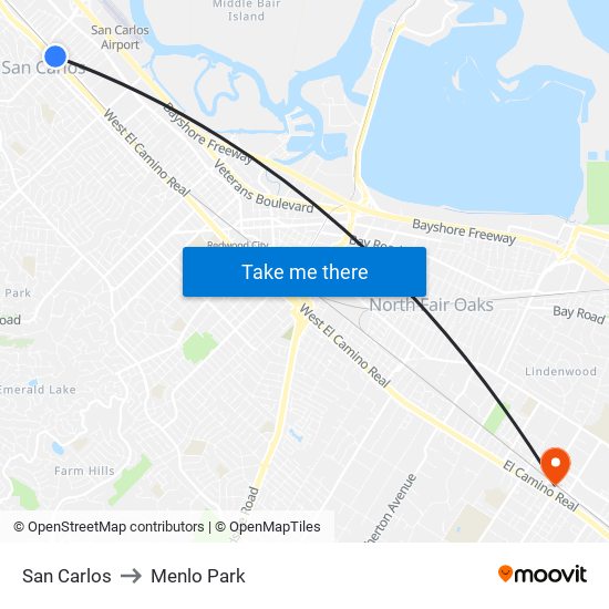 San Carlos to Menlo Park map