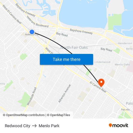 Redwood City to Menlo Park map