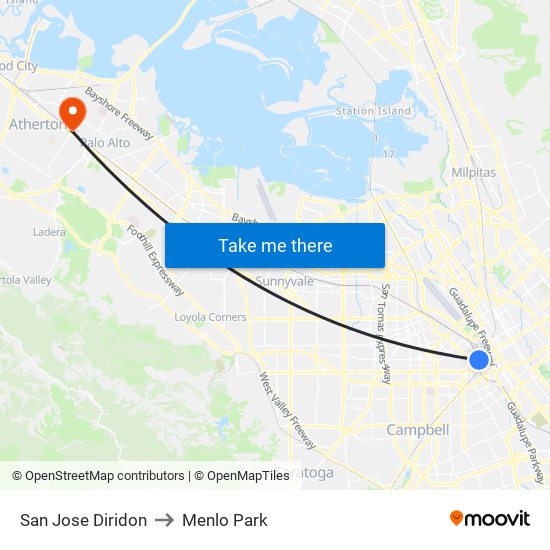 San Jose Diridon to Menlo Park map