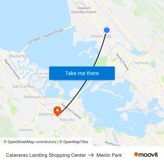 Calaveras Landing Shopping Center to Menlo Park map