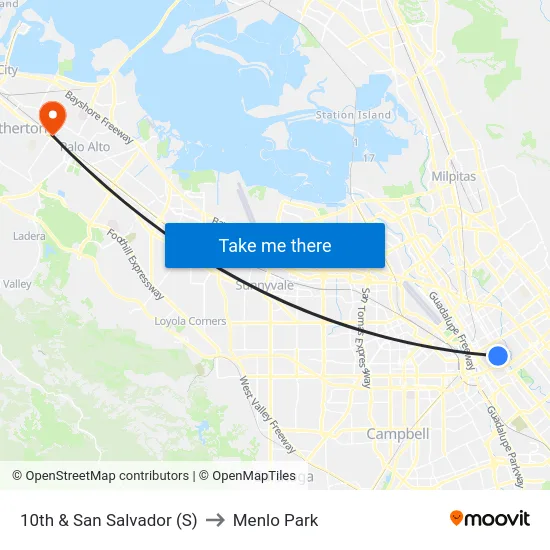 10th & San Salvador (S) to Menlo Park map