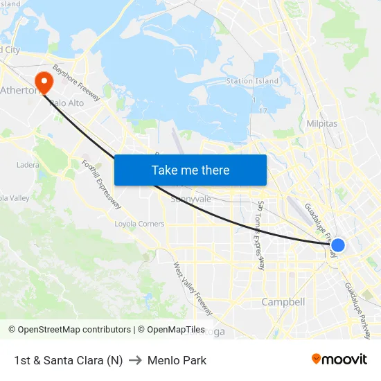 1st & Santa Clara (N) to Menlo Park map