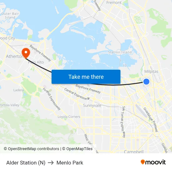 Alder Station (N) to Menlo Park map