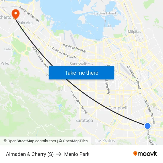 Almaden & Cherry (S) to Menlo Park map