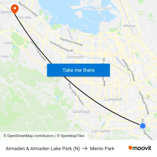 Almaden & Almaden Lake Park (N) to Menlo Park map