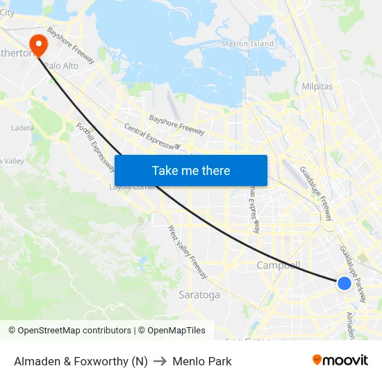 Almaden & Foxworthy (N) to Menlo Park map