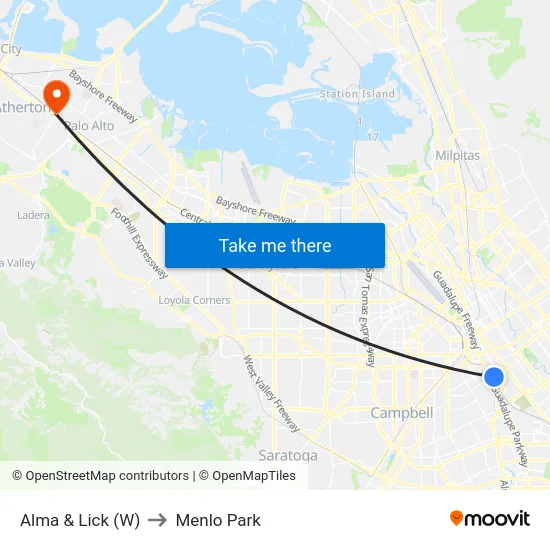 Alma & Lick (W) to Menlo Park map