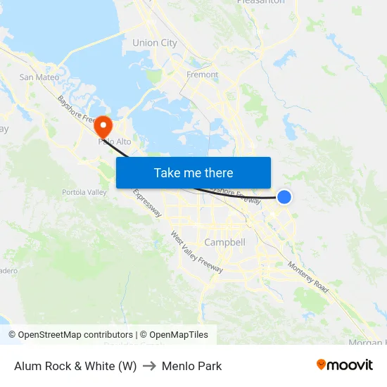 Alum Rock & White (W) to Menlo Park map