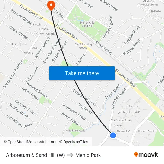 Arboretum & Sand Hill (W) to Menlo Park map