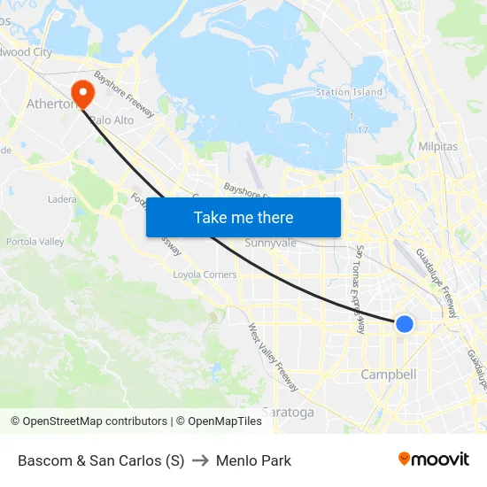 Bascom & San Carlos (S) to Menlo Park map