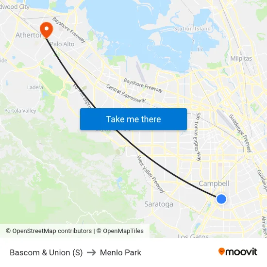 Bascom & Union (S) to Menlo Park map