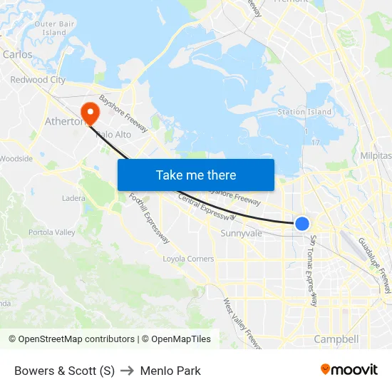 Bowers & Scott (S) to Menlo Park map