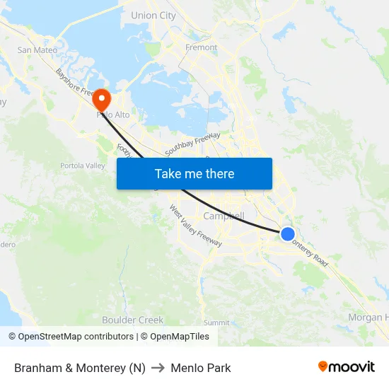 Branham & Monterey (N) to Menlo Park map