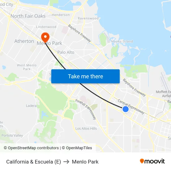 California & Escuela (E) to Menlo Park map