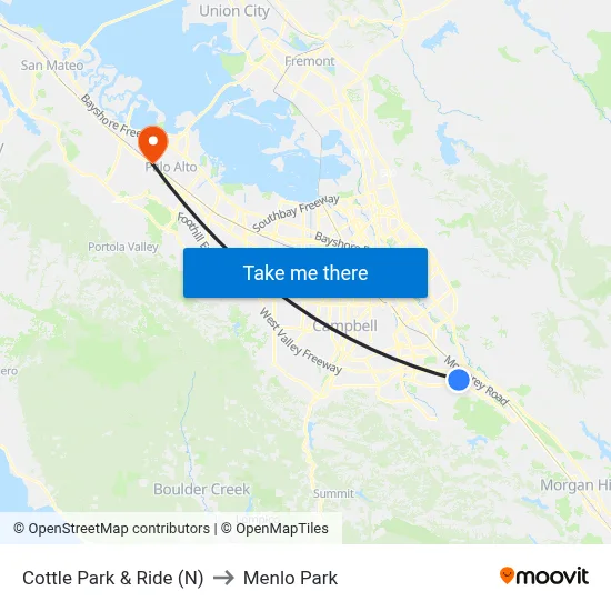 Cottle Park & Ride (N) to Menlo Park map