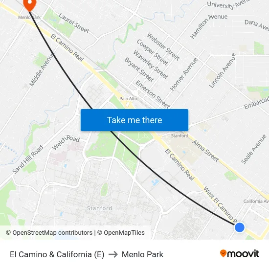 El Camino & California (E) to Menlo Park map