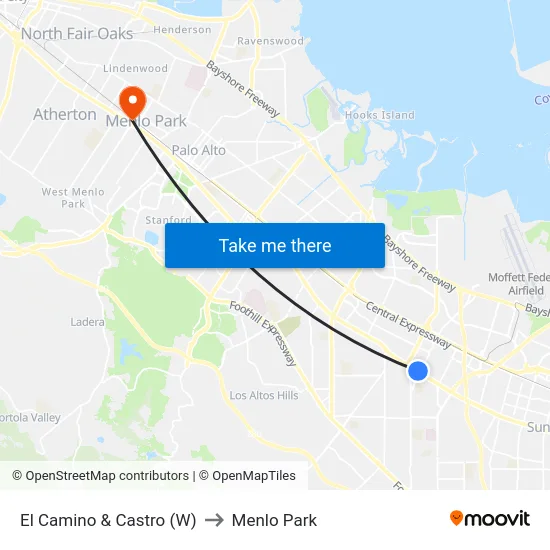 El Camino & Castro (W) to Menlo Park map