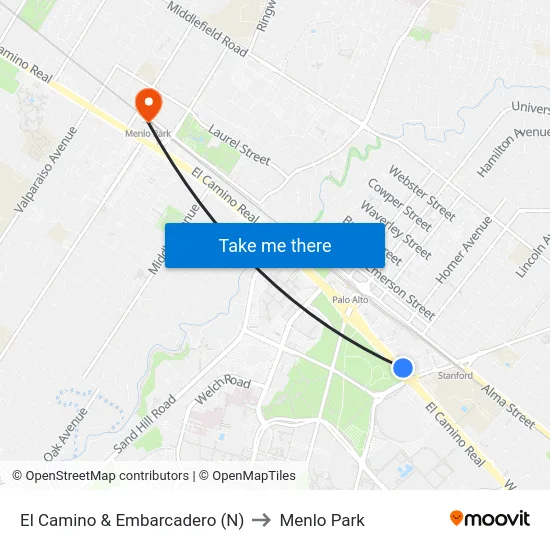 El Camino & Embarcadero (N) to Menlo Park map