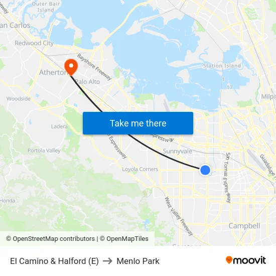 El Camino & Halford (E) to Menlo Park map