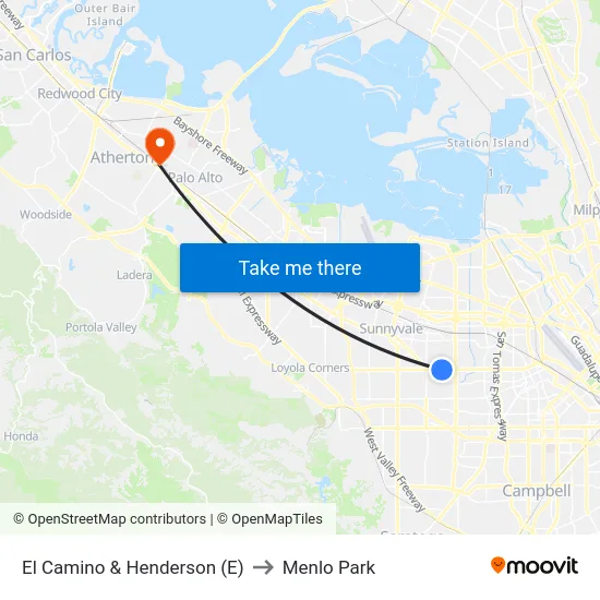 El Camino & Henderson (E) to Menlo Park map