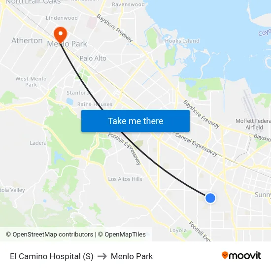 El Camino Hospital (S) to Menlo Park map
