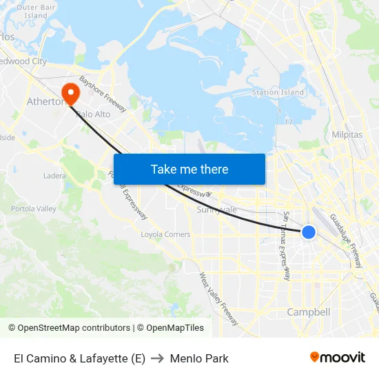 El Camino & Lafayette (E) to Menlo Park map