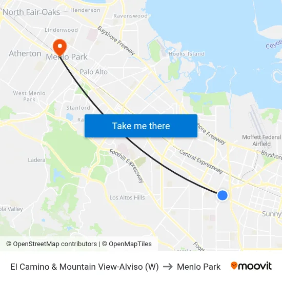 El Camino & Mountain View-Alviso (W) to Menlo Park map