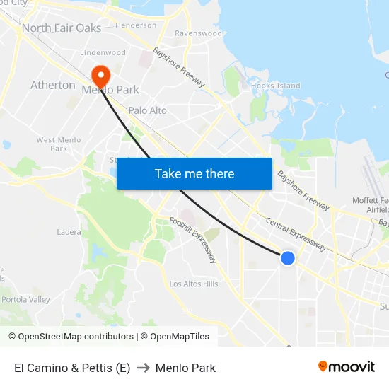 El Camino & Pettis (E) to Menlo Park map
