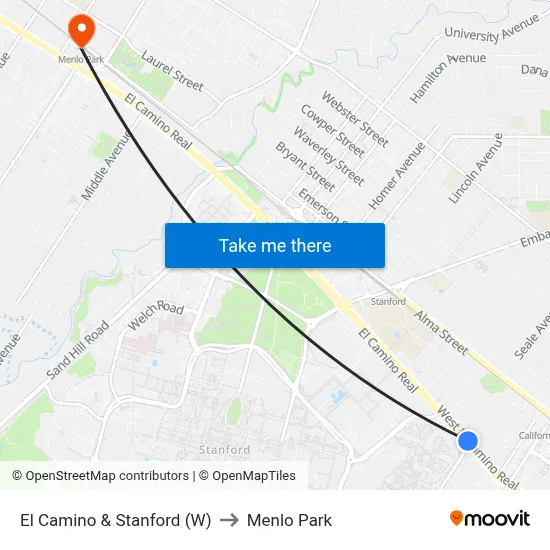 El Camino & Stanford (W) to Menlo Park map