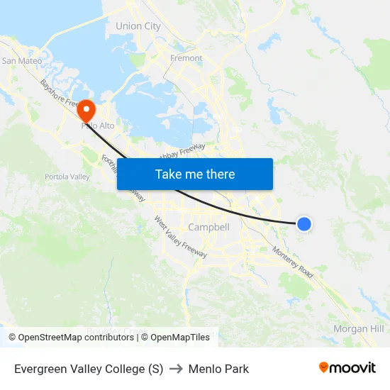 Evergreen Valley College (S) to Menlo Park map