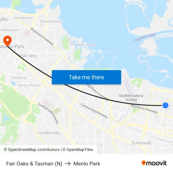 Fair Oaks & Tasman (N) to Menlo Park map