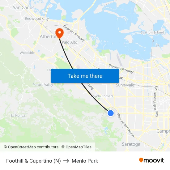 Foothill & Cupertino (N) to Menlo Park map