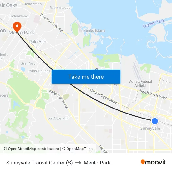 Sunnyvale Transit Center (S) to Menlo Park map