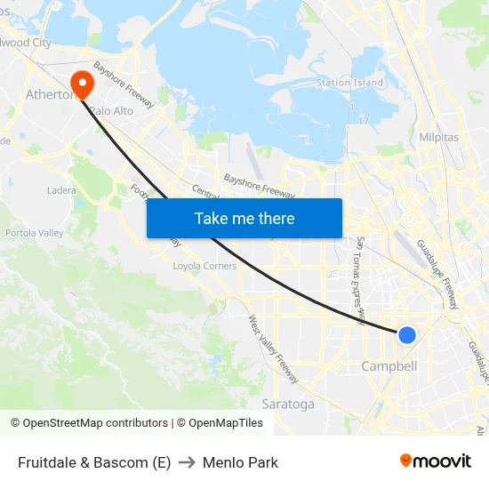 Fruitdale & Bascom (E) to Menlo Park map
