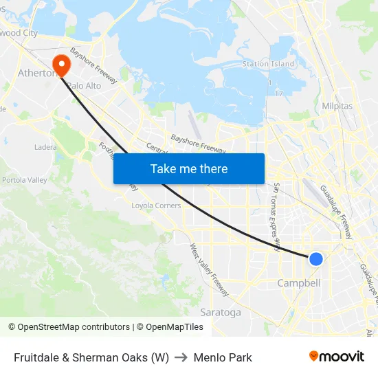 Fruitdale & Sherman Oaks (W) to Menlo Park map