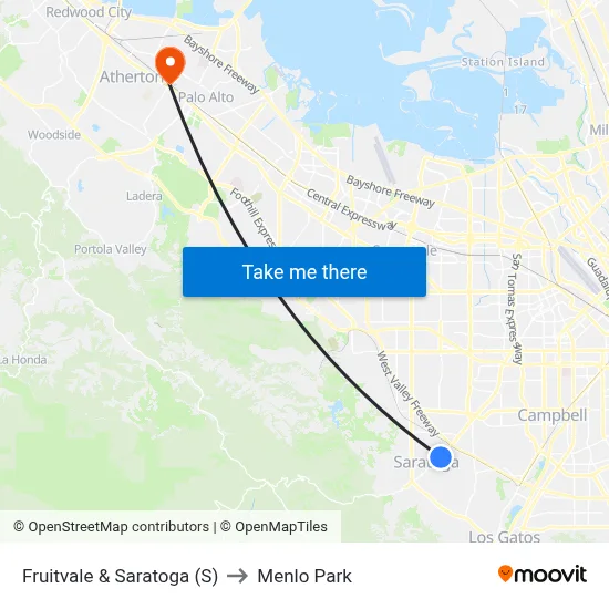 Fruitvale & Saratoga (S) to Menlo Park map