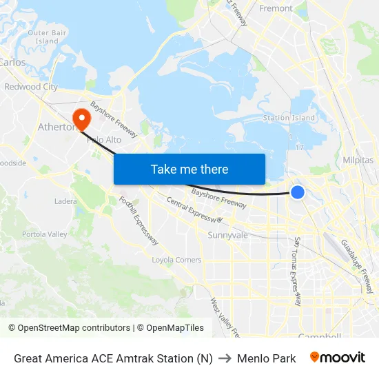 Great America ACE Amtrak Station (N) to Menlo Park map