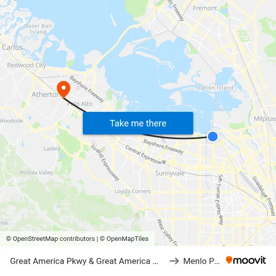Great America Pkwy & Great America Way (N) to Menlo Park map